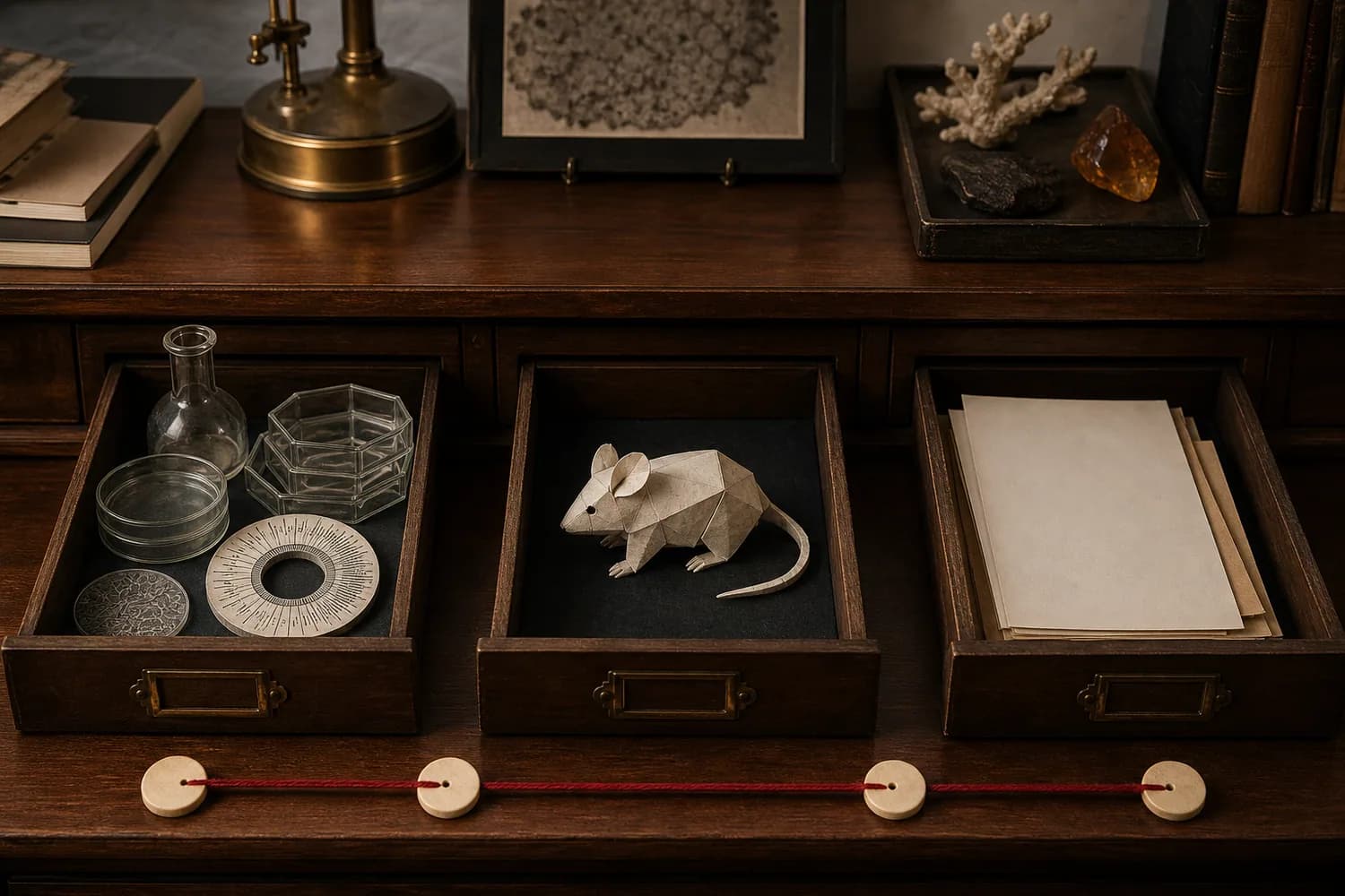 Open archival drawers containing cell-culture objects, a paper animal model, and sparse human research records