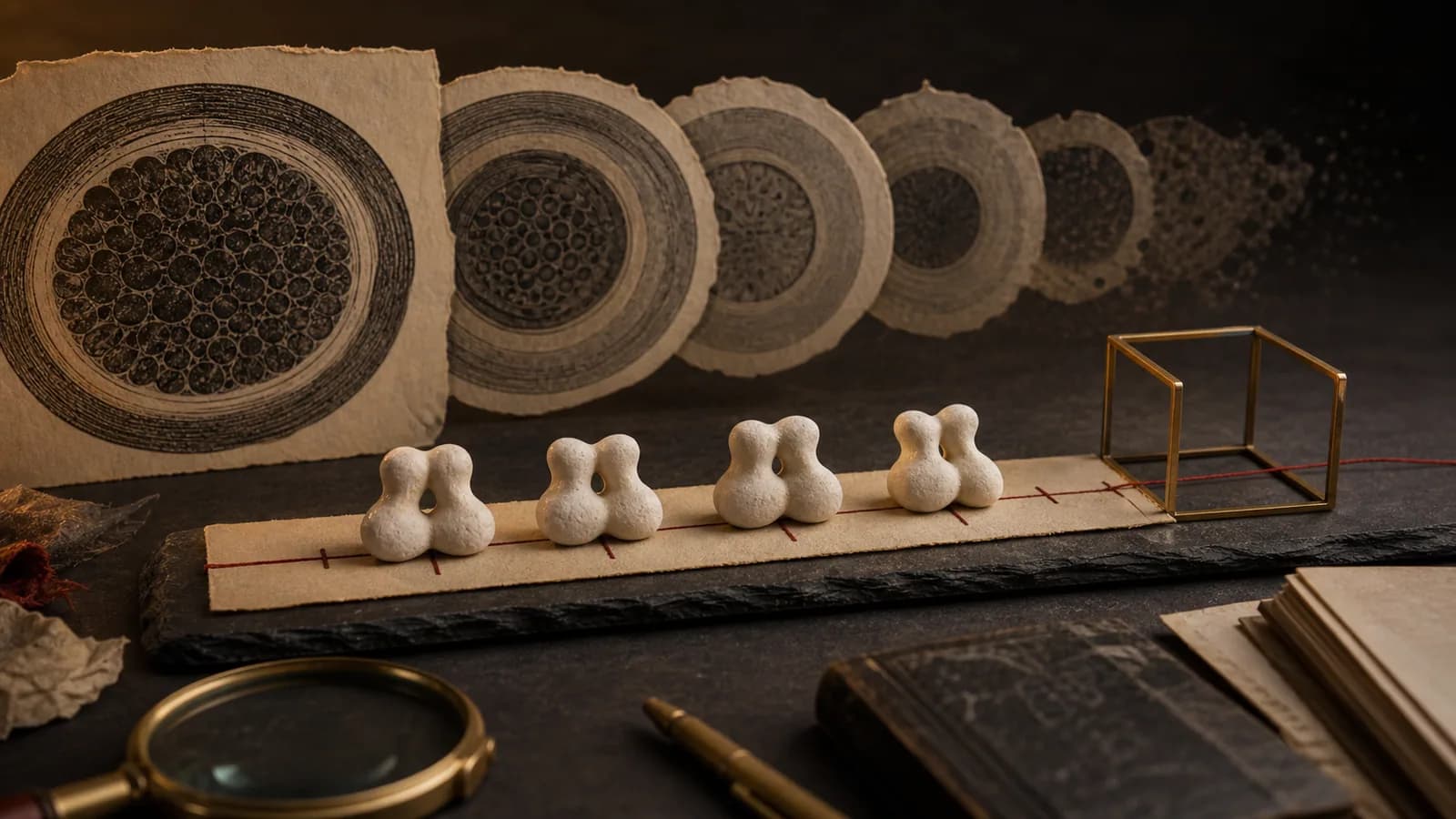 Four ivory peptide forms on an archival timeline ending at an open evidence frame