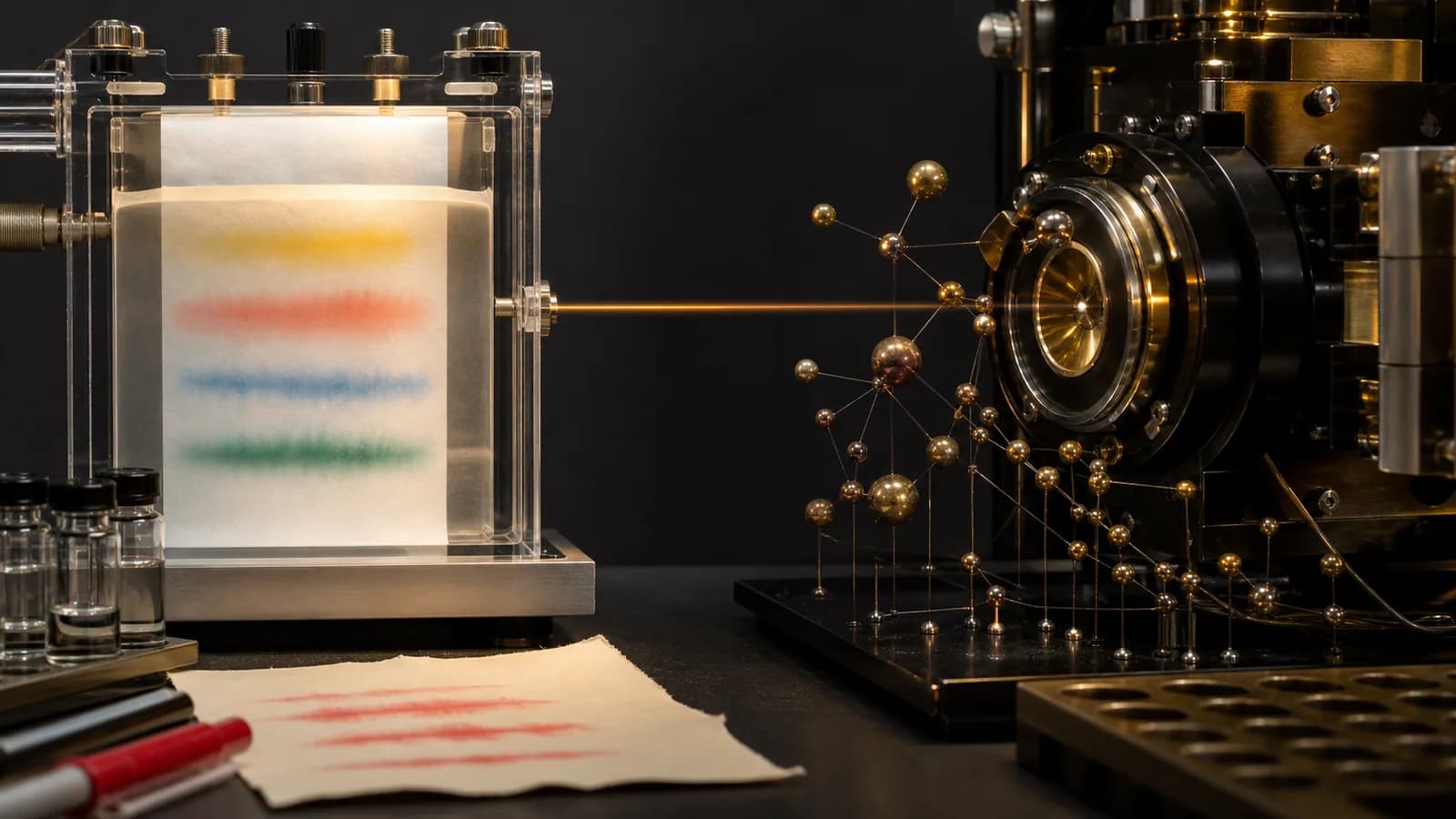 Conceptual illustration of colored separation bands beside a mass-analysis instrument.