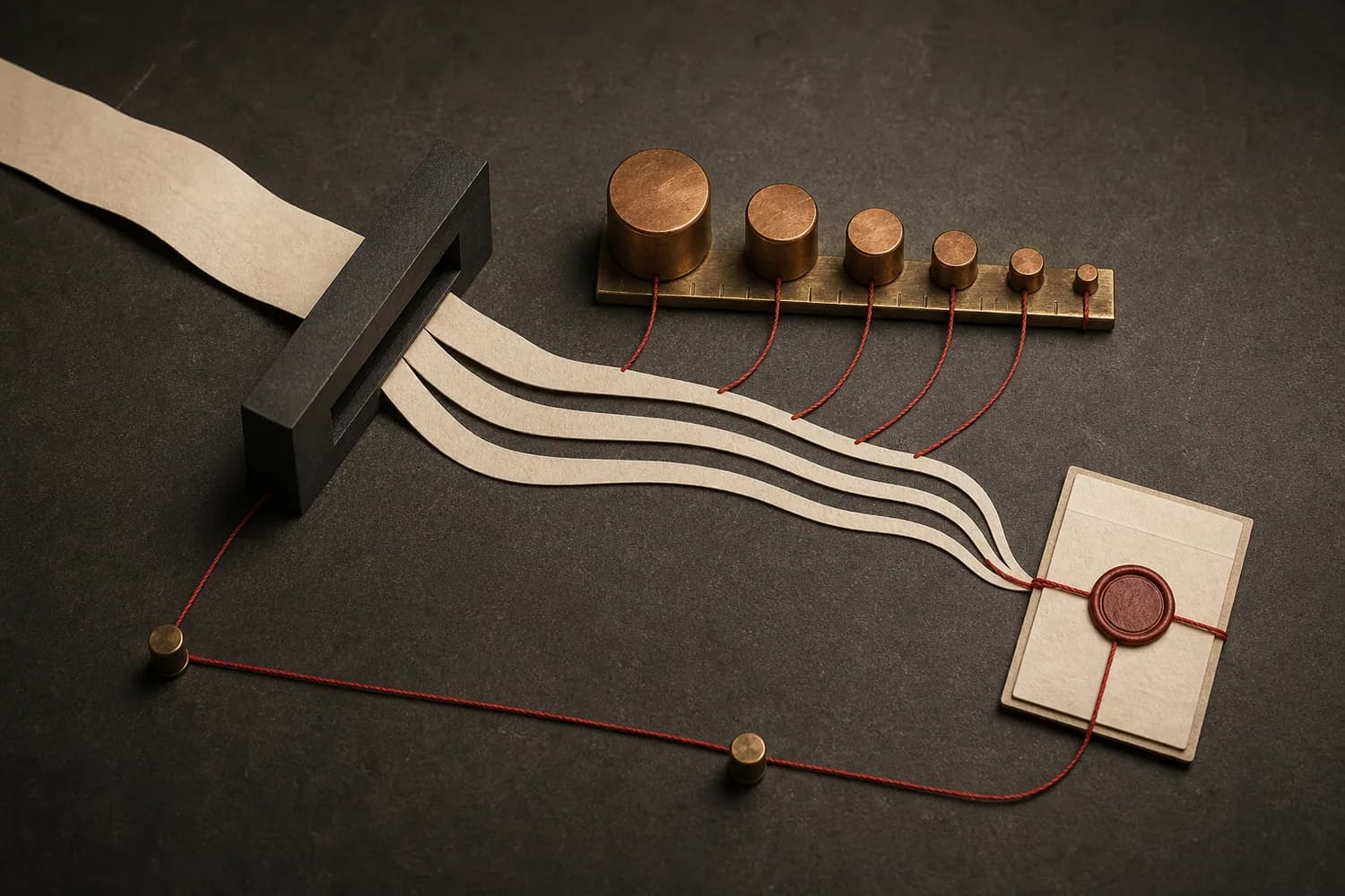 Conceptual illustration of paper paths moving through a gate toward calibrated weights and a sealed record.
