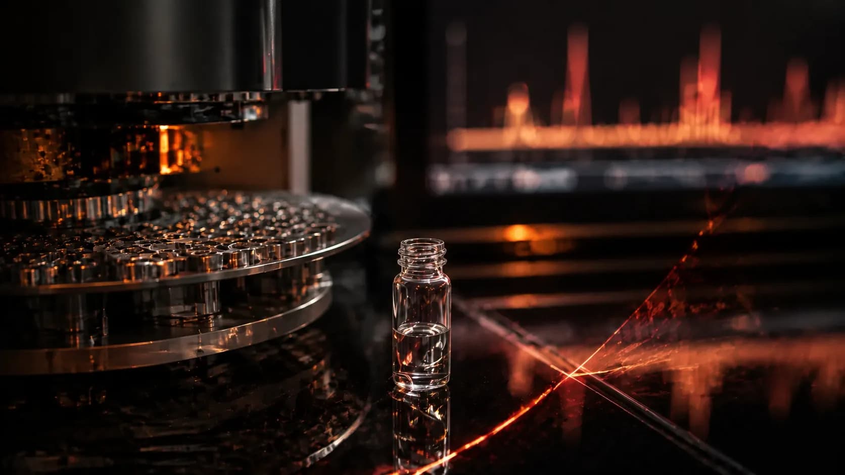 Unlabeled research vial beside laboratory instrumentation under orange light