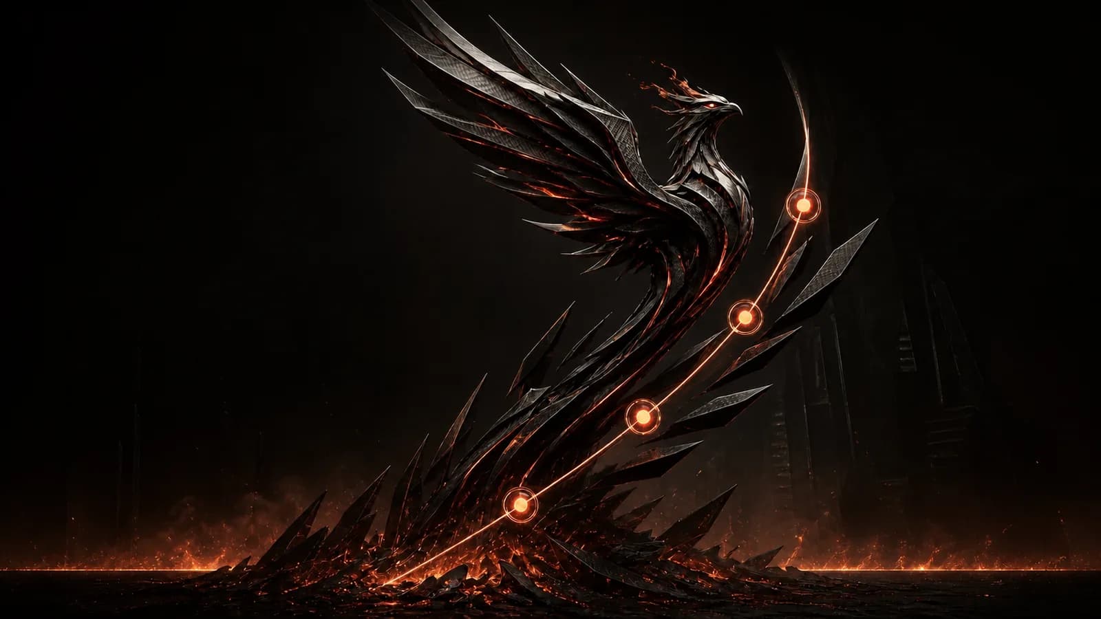 Sleek carbon-fiber phoenix rising along four ember-lit review checkpoints against a dark performance backdrop