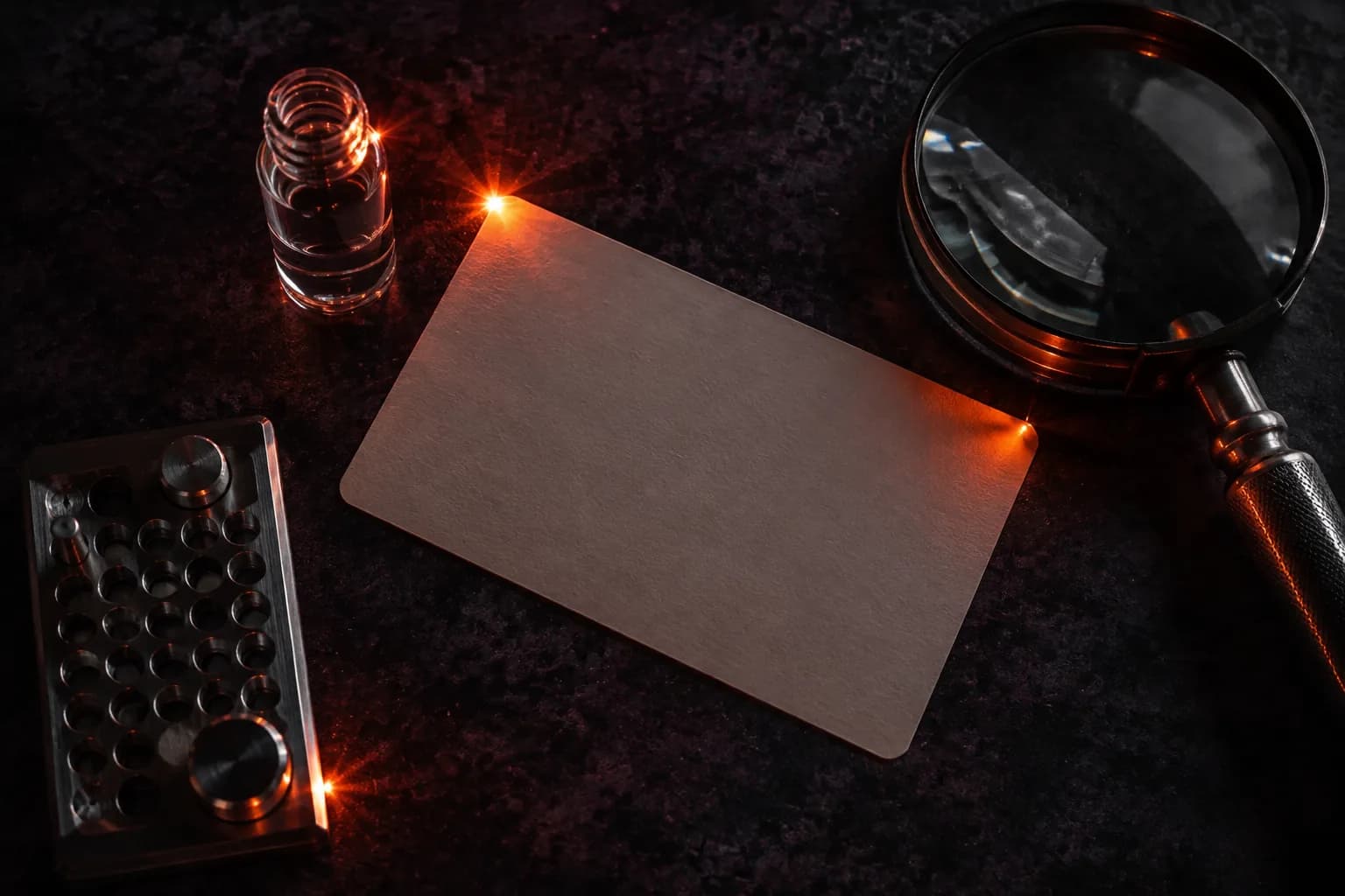 Unlabeled research vial, blank record card, and magnifying glass on a dark work surface