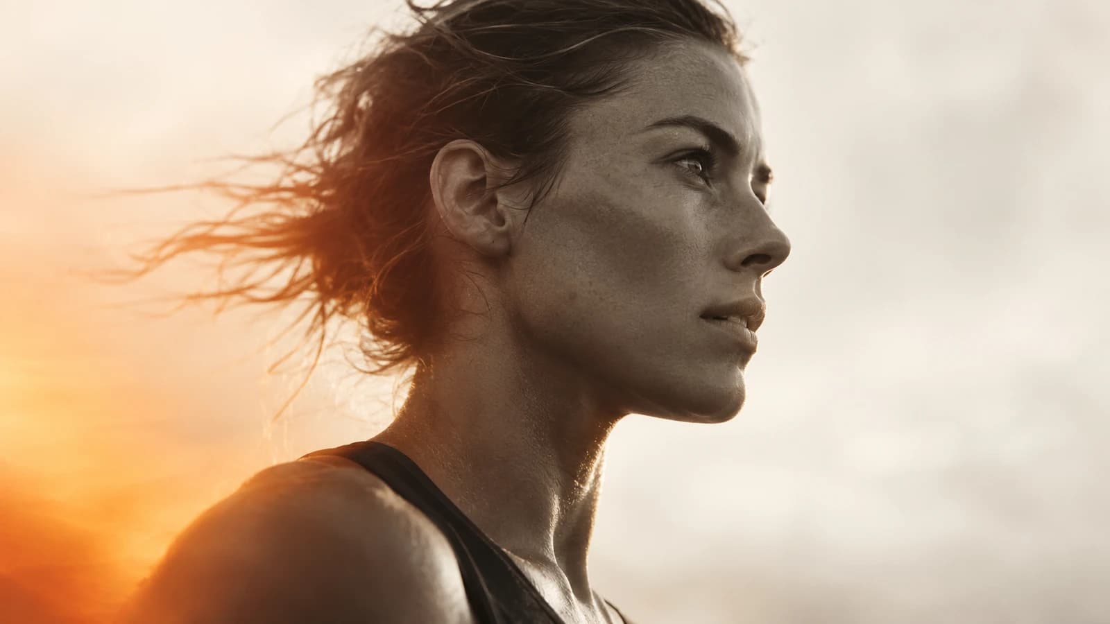 Athletic woman in profile, with windswept hair and warm orange light against a pale background.