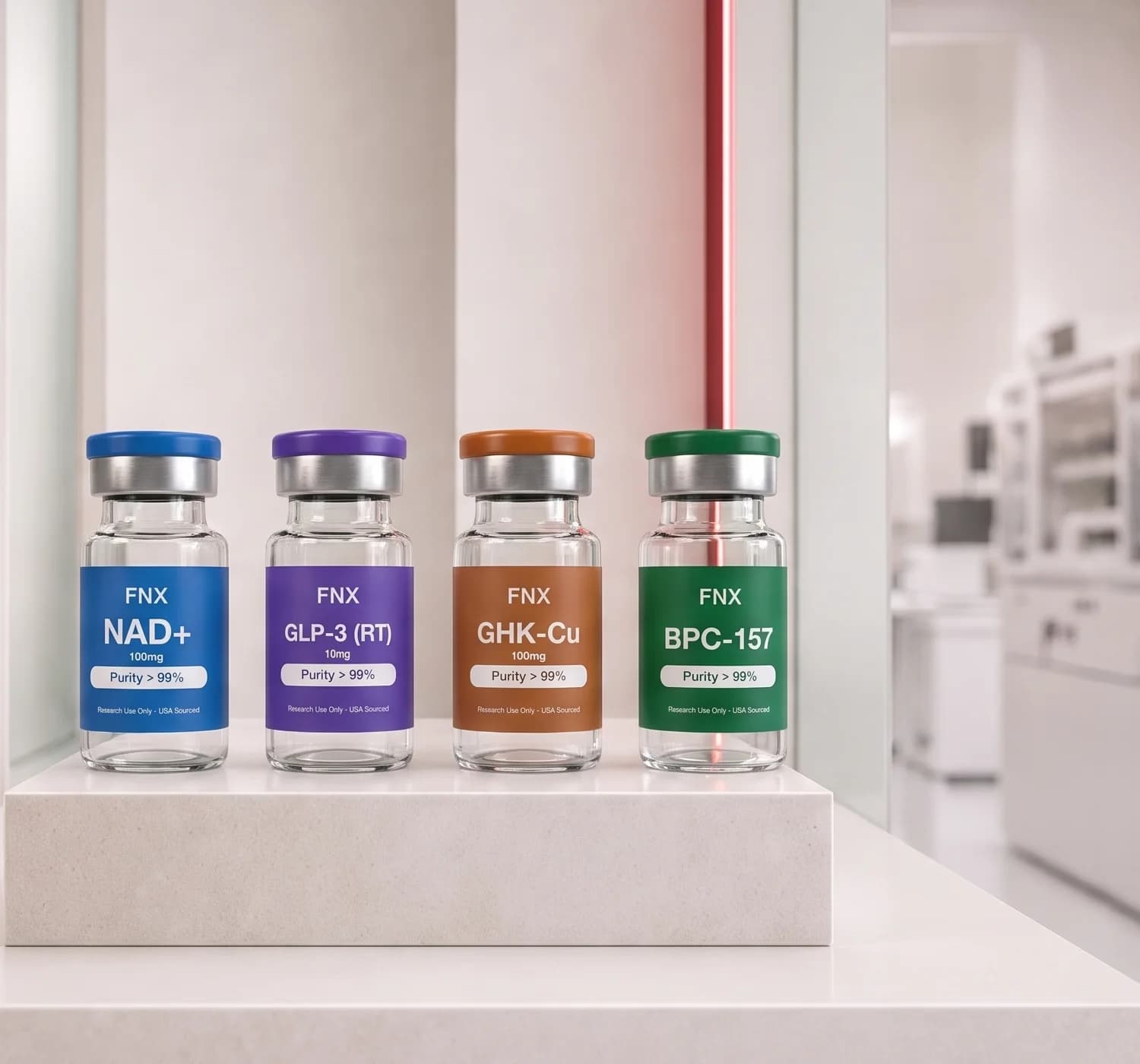 Four FNX research peptide vials: NAD+, GLP-3 (RT), GHK-Cu, and BPC-157.