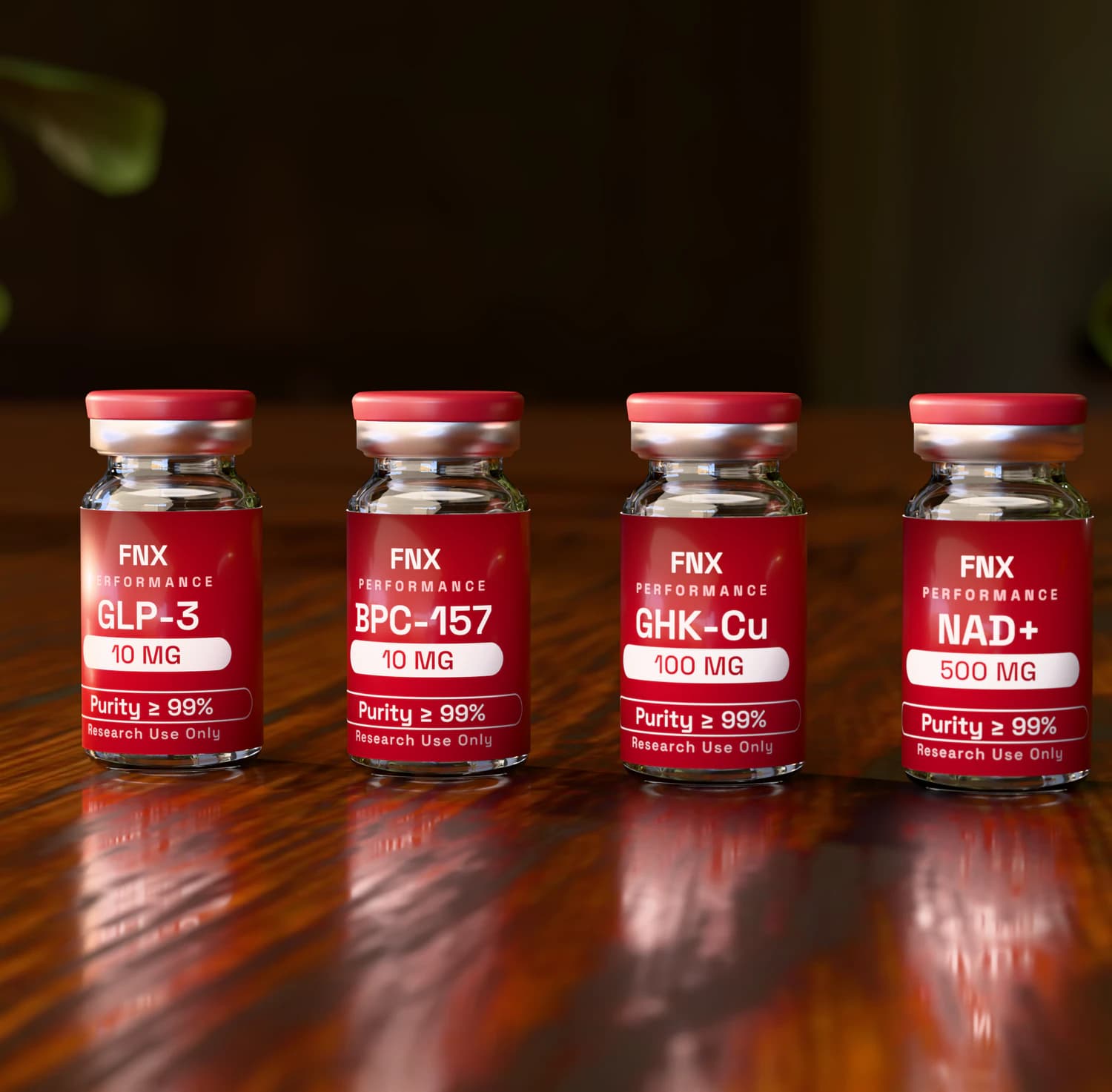 Four Fnx research peptide vials: GLP-3, BPC-157, GHK-Cu, and NAD+.
