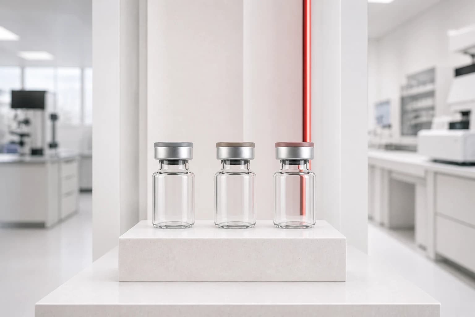 Three unlabeled research vials in a bright laboratory setting