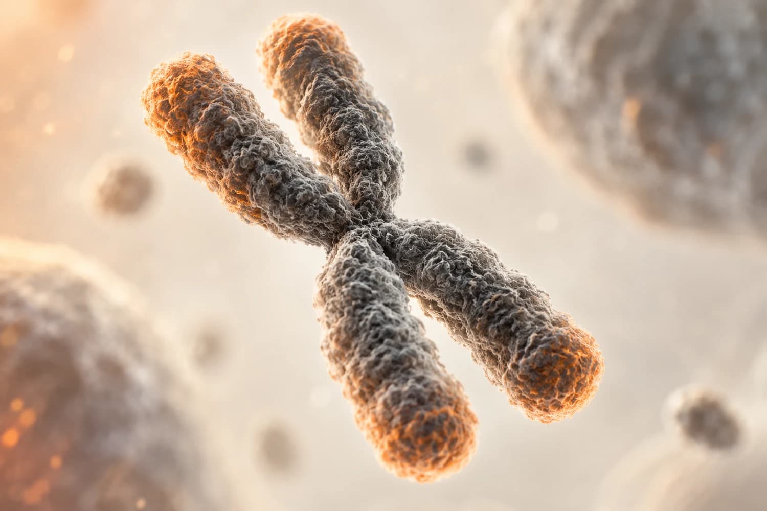 Close-up of a chromosome with two joined sister chromatids and textured surfaces.