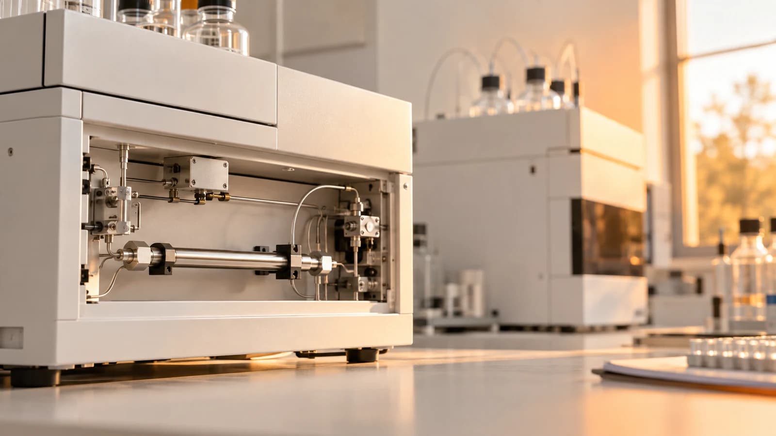 Chromatography equipment with a metal column and fine tubing in a light laboratory.
