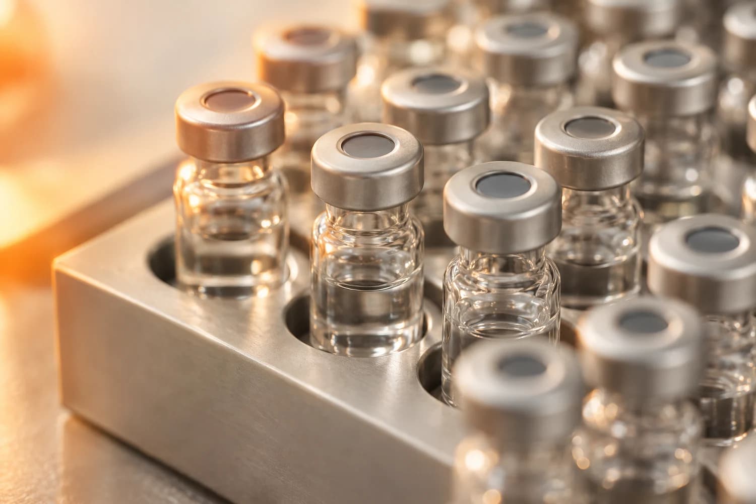 Capped clear sample vials arranged in a metal tray under warm light.