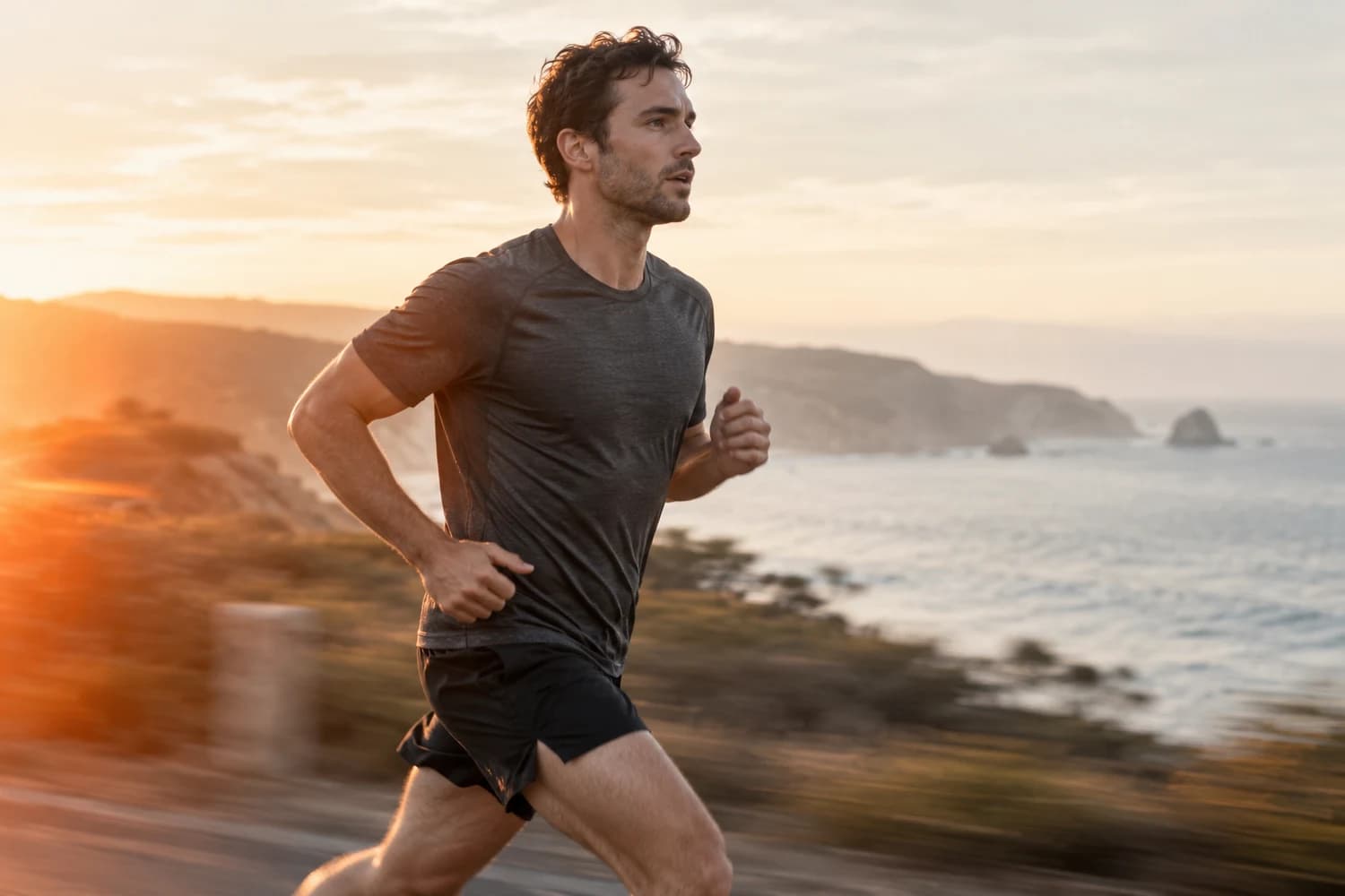 Runner in dark athletic clothing on a coastal path at sunrise.