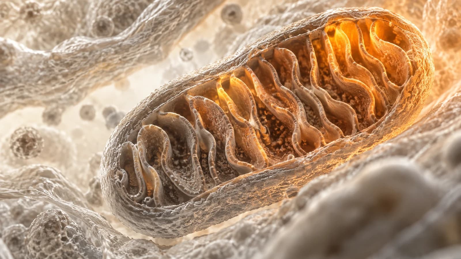 Cross-section of a mitochondrion showing its folded inner membrane.
