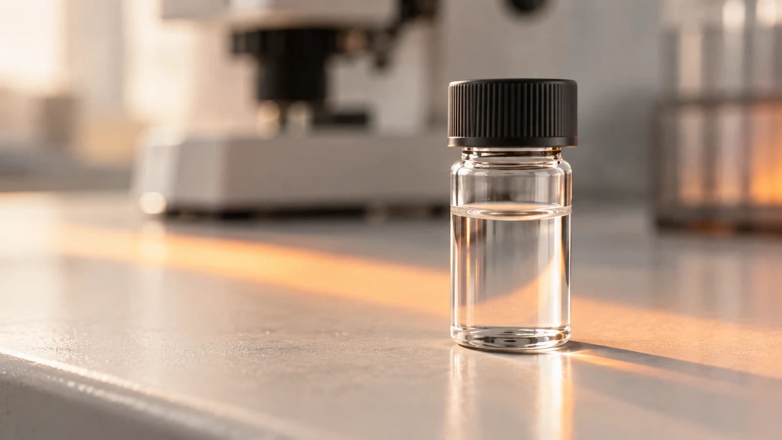 Clear sample vial with a black cap on a light laboratory bench.