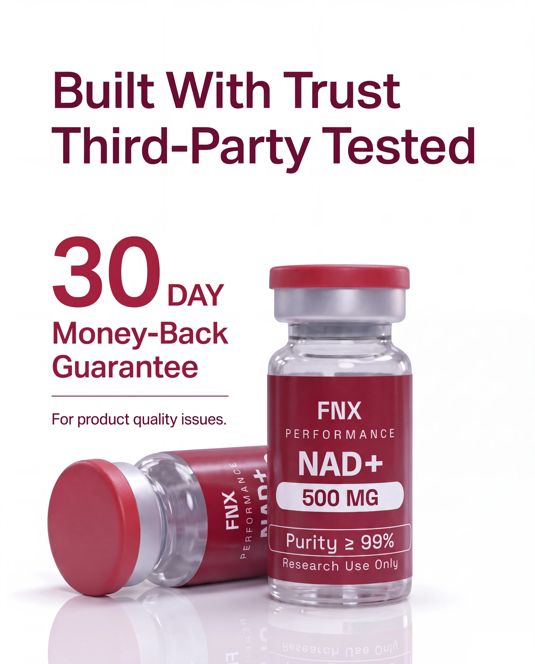 NAD+ quality artwork: Built With Trust, Third-Party Tested. 30 Day Money-Back Guarantee. For product quality issues.